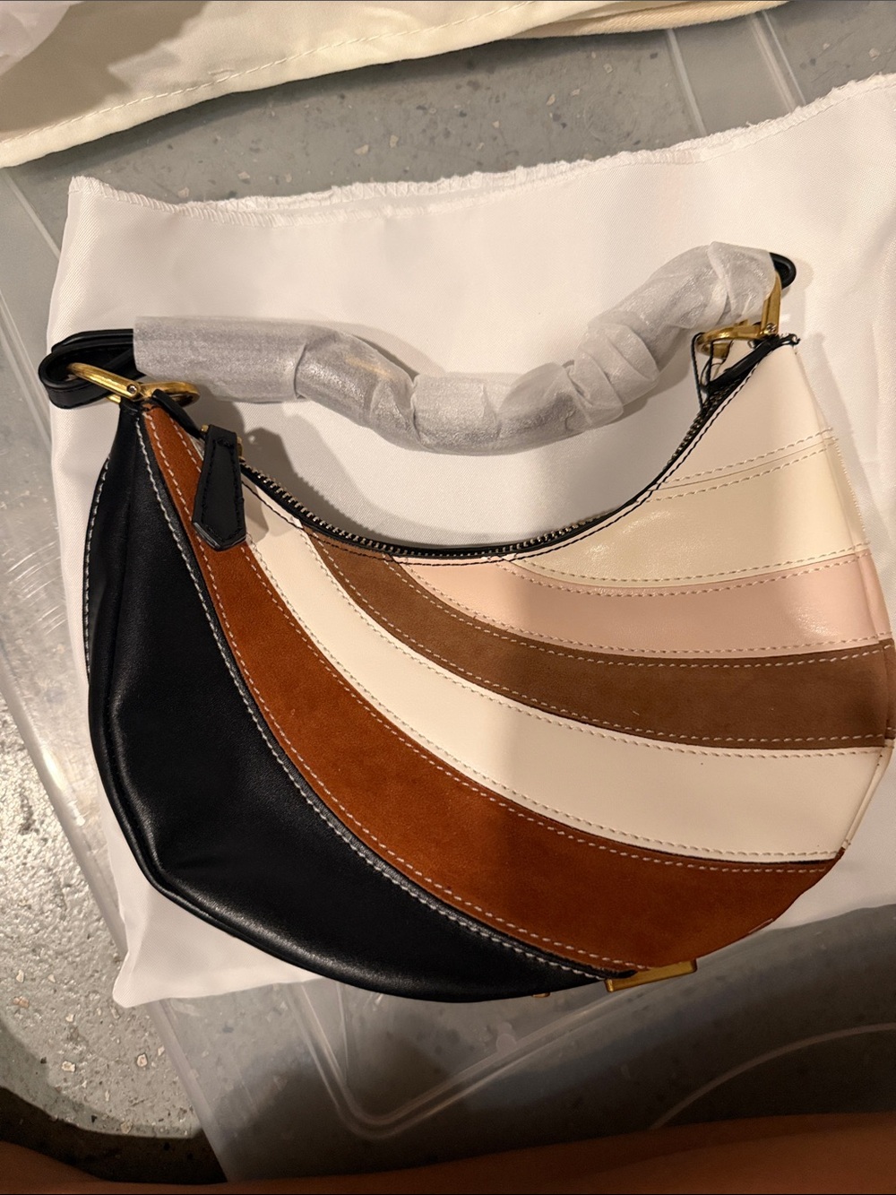Inspired Collection Curved Panel Hobo Bag in Black, Tan & Cream